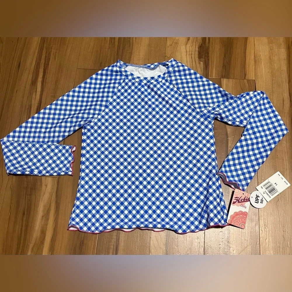 Hobie Girls Blue Gingham Rash Guard Bikini Set UPF 50+ Size 14 NWT